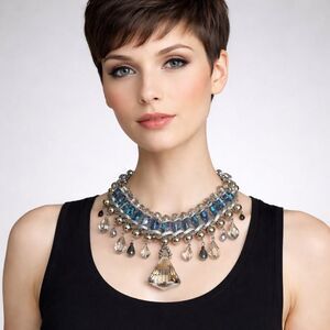 New Chunky, Bold & Unique Multi Coloured Crystals Silver Tone Necklace